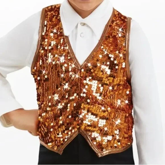 Weissman Boys Ultra Sparkle Sequin Dance Vest Costume Copper Gold Sleeveless XXL - Picture 2 of 8